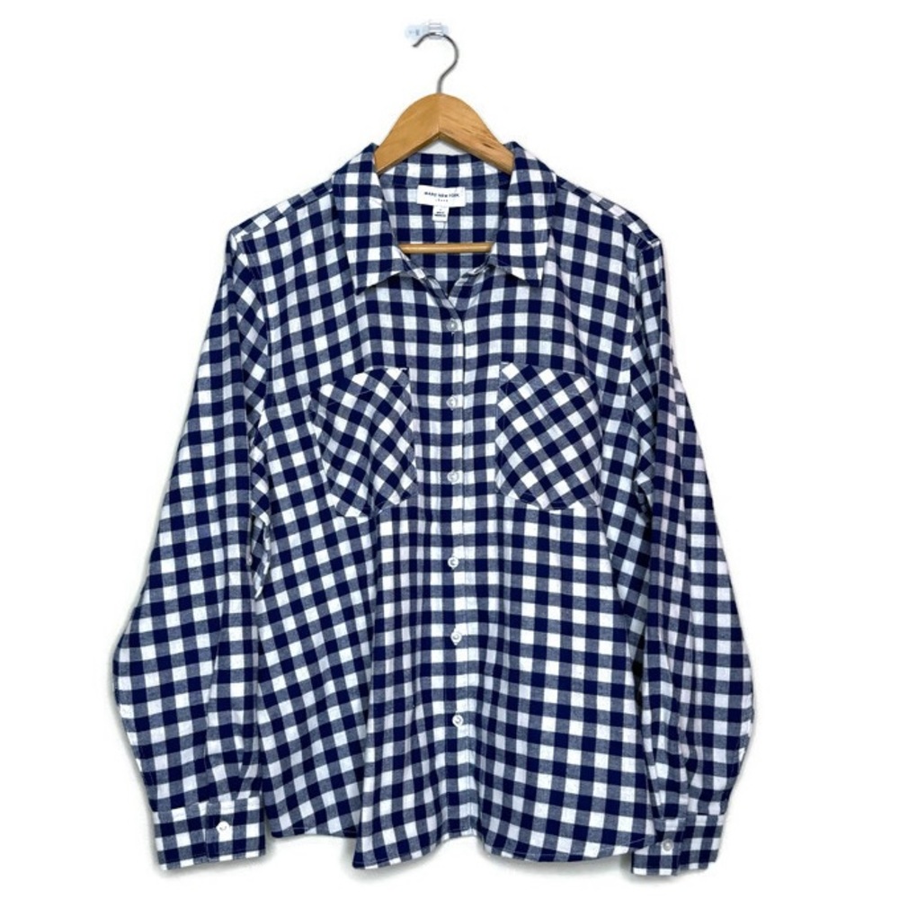 Marc New York Women’s Blue Gingham Button Down Roll Tab Long Sleeve Top Large
